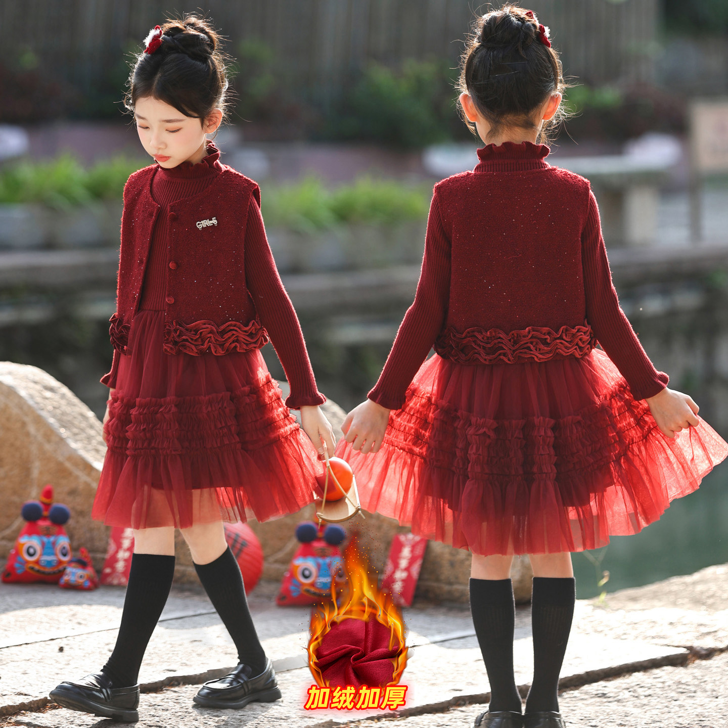 女童连衣裙秋冬小香风套装裙中大童红色拜年服网纱裙加绒公主裙子,淘宝优惠券,粉丝福利购,淘宝优惠卷