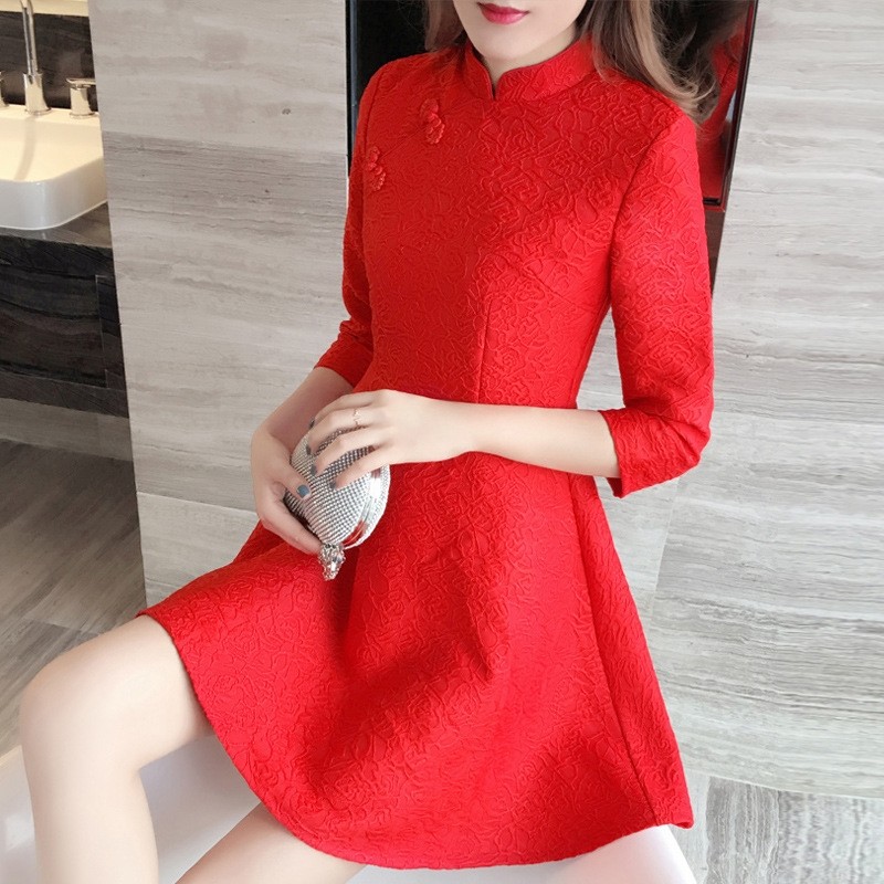 旗袍改良版连衣裙秋冬小个子小红色 宿念连衣裙
