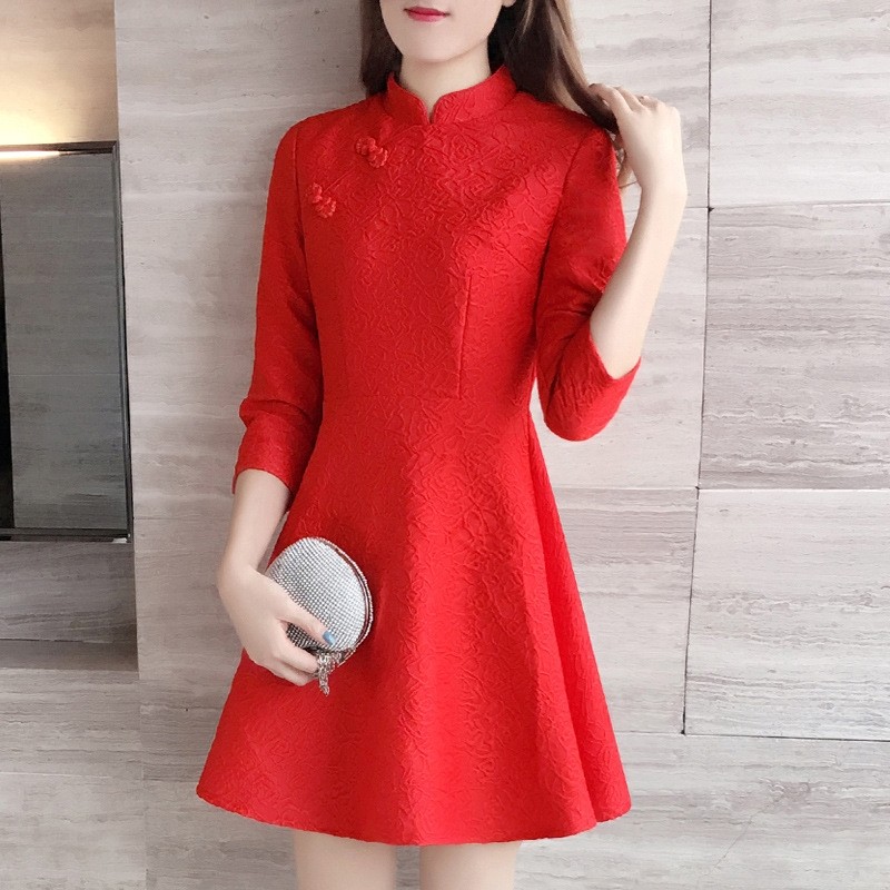 旗袍改良版连衣裙秋冬小个子小红色 宿念连衣裙