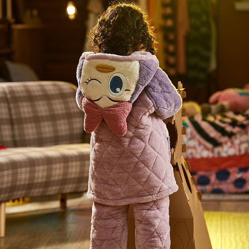女童睡衣冬季儿童加厚款保暖三层夹棉珊瑚绒宝宝法兰绒家居服套装
