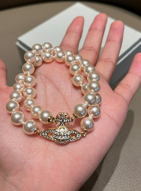 双层珍珠满钻土星手链复古中古气质嵌钻镀金手饰