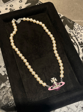 粉色珐琅珍珠土星项链吊坠choker锁骨链千玺辣妹甜酷颈链