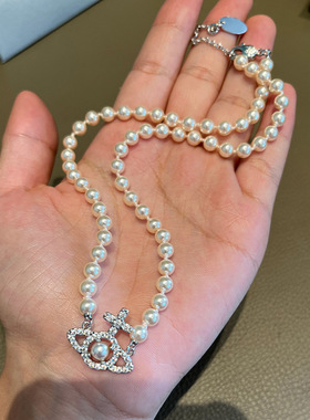 奥林匹亚小夹心项链满钻镂空土星珍珠项链5mm奥地利串珠链