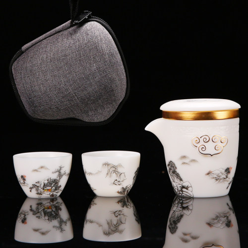 唐舍羊脂玉瓷白瓷旅行茶具套装便携式茶壶户外陶瓷快客杯一壶二杯 - 图0