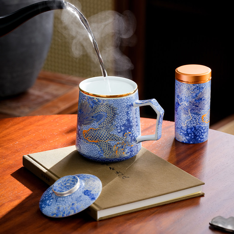 唐舍龙年春节礼物高档陶瓷青龙掐丝银茶杯套装送长辈领导客户礼品