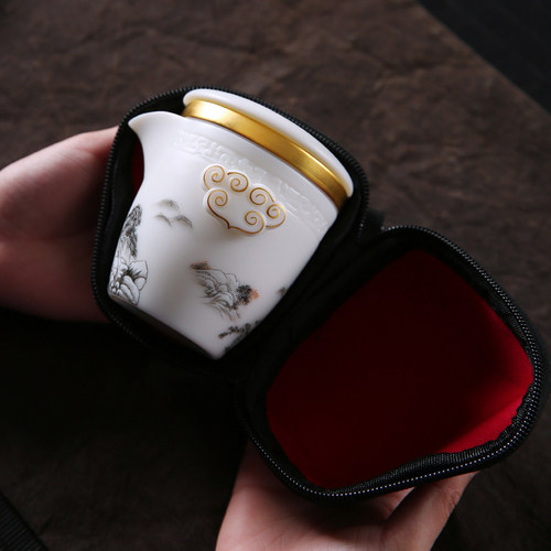唐舍羊脂玉瓷白瓷旅行茶具套装便携式茶壶户外陶瓷快客杯一壶二杯 - 图1
