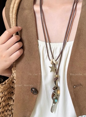 B「她非池物」波西米亚禅意长款羽毛项链女复古民族风装饰吊坠
