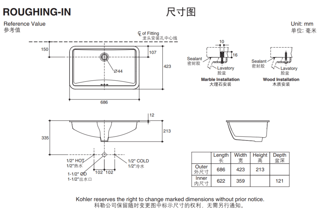 科勒台下盆76509T/2214长方形洗脸盆拉蒂纳27寸台盆脸盆陶瓷面盆 - 图1