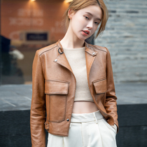 Henning Locomotive Jacket Brown Leather Clothing Female Real Leather Imported Sheep Leather New minimalist Body Jacket Small