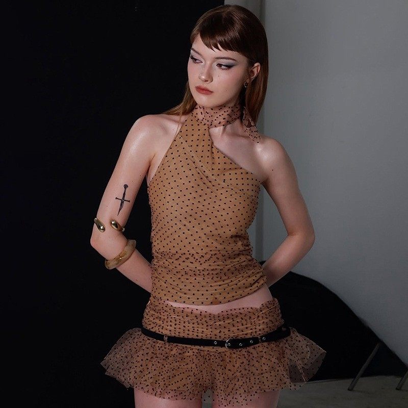 跨境欧美风春季新款女装纯色修身挂脖背心时尚低腰半身裙套装,淘宝优惠券,粉丝福利购,淘宝优惠卷