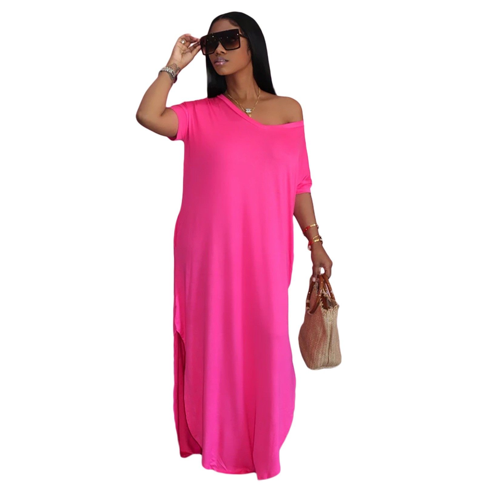 亚马逊 欧美时尚短袖下摆开叉深领宽松连衣裙恤长裙,淘宝优惠券,粉丝福利购,淘宝优惠卷