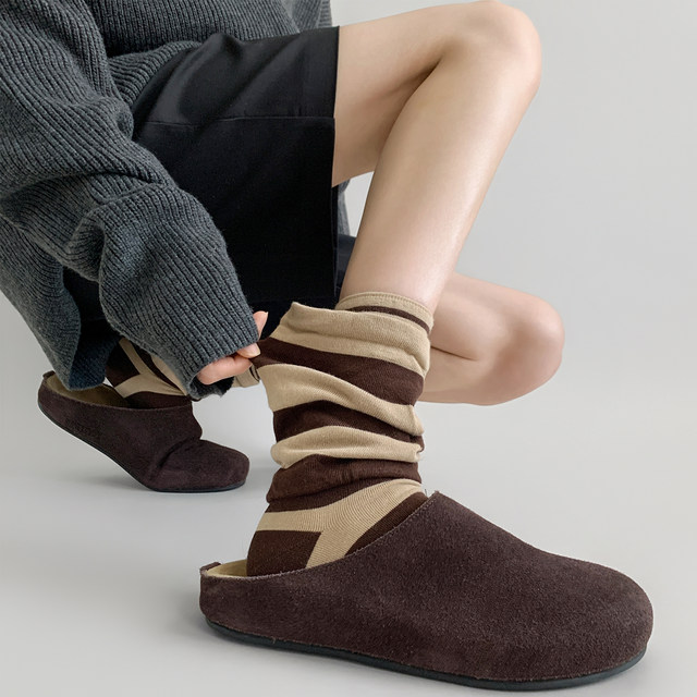Early autumn wear niche double layer wear high-end lazy striped color matching retro fake two-piece pile socks mid-calf socks