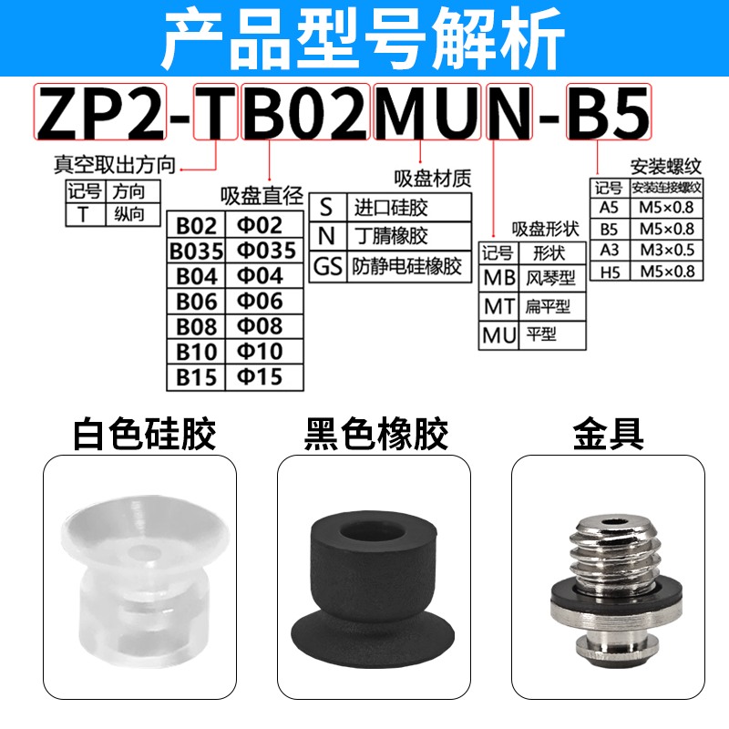 机械手真空吸盘ZP2-TB02/B04/B06/08/10/B15/035MUN-A3/B5/H5吸嘴 - 图0