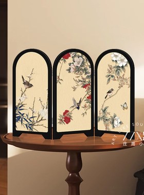 优选新中式花鸟屏风桌面摆件画创意高级感装饰画R中古风摆画可折