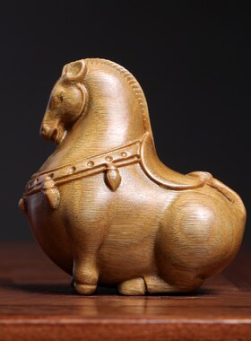 精选天然a绿檀木实木雕刻唐马生肖马文玩手把件马上有钱小马钥匙