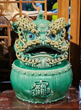 陶瓷醒狮舞狮子打鼓手工摆件送礼