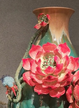 石湾陶瓷荷花瓶水果中式手工摆件