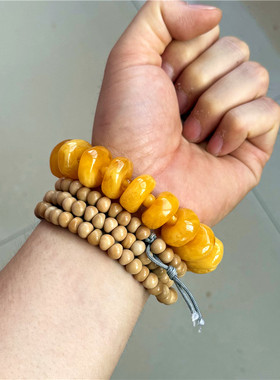 天然蜜蜡手串琥珀手链饼子鸡油黄金刚星月车轮算盘隔珠片男女配饰