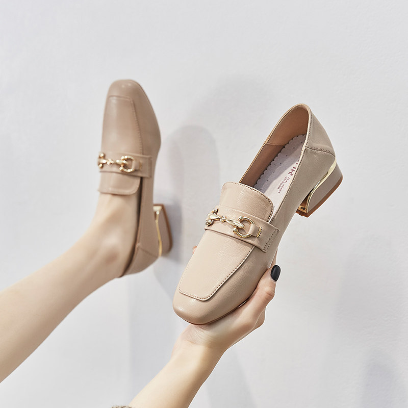 ZHR软底不累脚单鞋女秋英伦真皮增高小皮鞋妈妈乐福鞋粗跟一脚蹬 - 图1