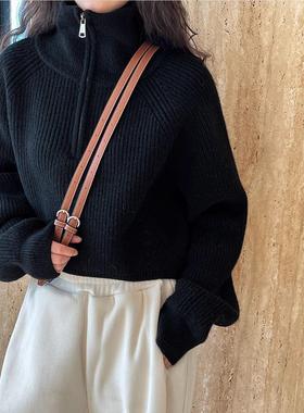 Women's short high-neck zipper red knitted shirt针织衫女短款