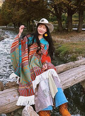 Women Shawl 民族风云南西藏旅行百搭流苏披肩提花外搭保暖斗篷