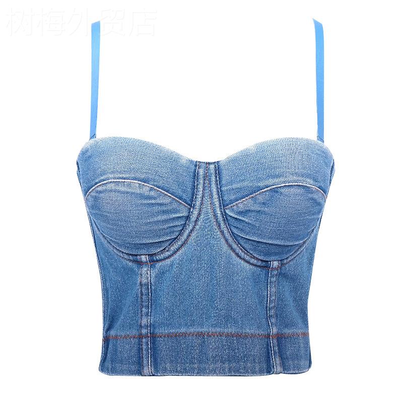 Denim camisole tops for women牛仔吊带背心欧美短款修身性感露 - 图3