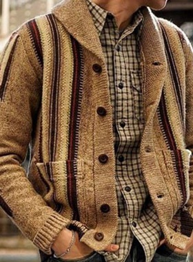 Men's sweate欧美秋冬男装长袖提花毛衫翻领外穿潮流毛衣外套开衫