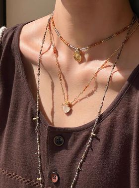 明星同款香水瓶蜡绳项链高级感天然石流苏锁骨链长款毛衣链