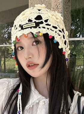镂空珍珠吊坠手工包头帽子女名族风针织套头帽复古大头围堆堆帽