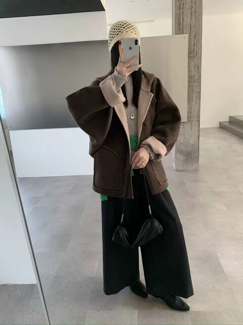 2025新韩版连帽双面羊绒大衣女短款宽松慵懒风休闲羊毛大衣昵外套