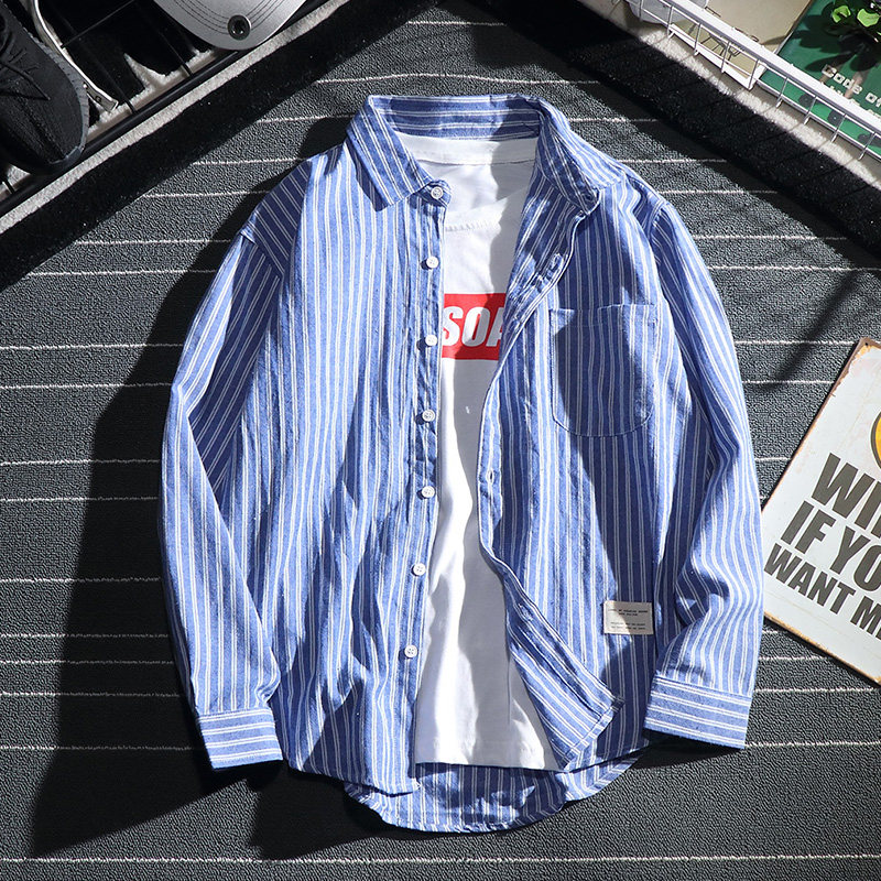 日系秋季男士长袖条纹男蓝白条衬衫 画山龙衬衫