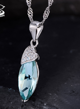蓝色水晶盒子链饰品银吊坠