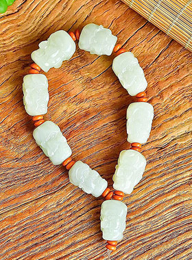 天然青白玉籽料罗汉和田玉手链