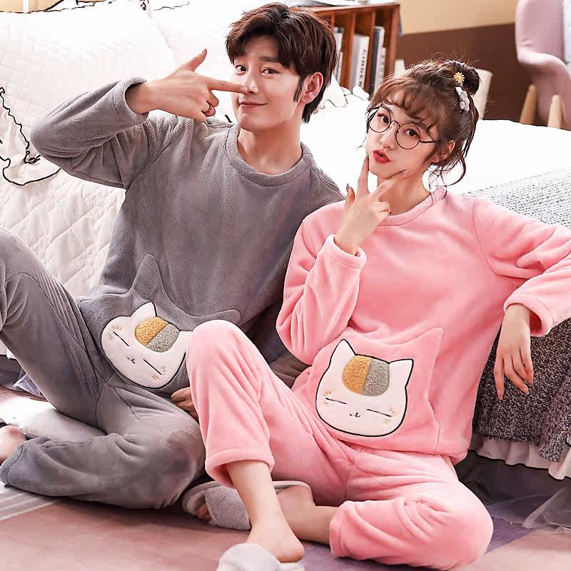情侣睡衣珊瑚绒加厚加绒口袋卡通猫咪秋冬季法兰绒一男一女家居服,淘宝优惠券,粉丝福利购,淘宝优惠卷