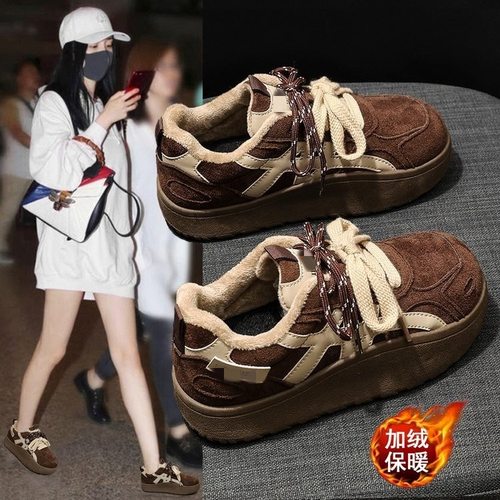 厚底软皮复古德训鞋女2025新款冬季加绒系带休闲鞋百搭运动板鞋子 - 图0