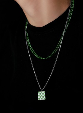 2026方块格子双层钛钢项链男潮流时尚高级感百搭小众个性设计饰品