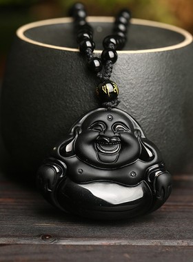 2026诚石珠宝天然黑曜弥勒佛吊坠男女款水晶笑佛饰品厂家