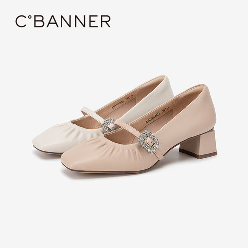 【静音系列】千百度法式褶皱粗高跟鞋秋季新款通勤羊皮单鞋女 - 图0