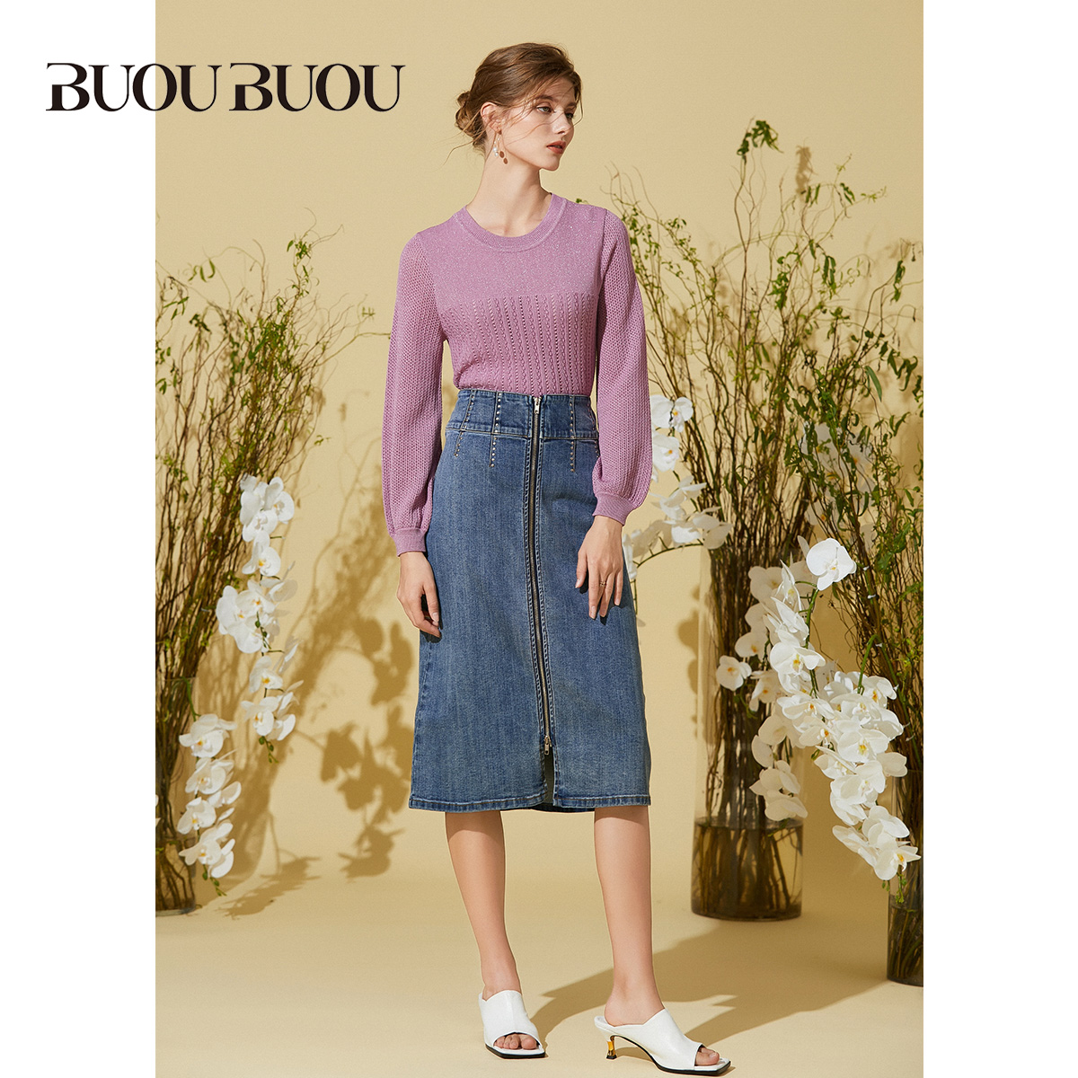【关注领券】Buou Buou商场同款女装春季灯笼袖针织衫BH1A910 - 图1