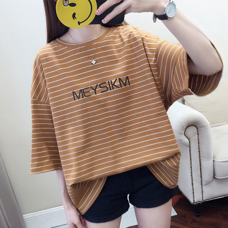七分中袖夏季韩版大版纯棉条纹t恤 闺倩T恤