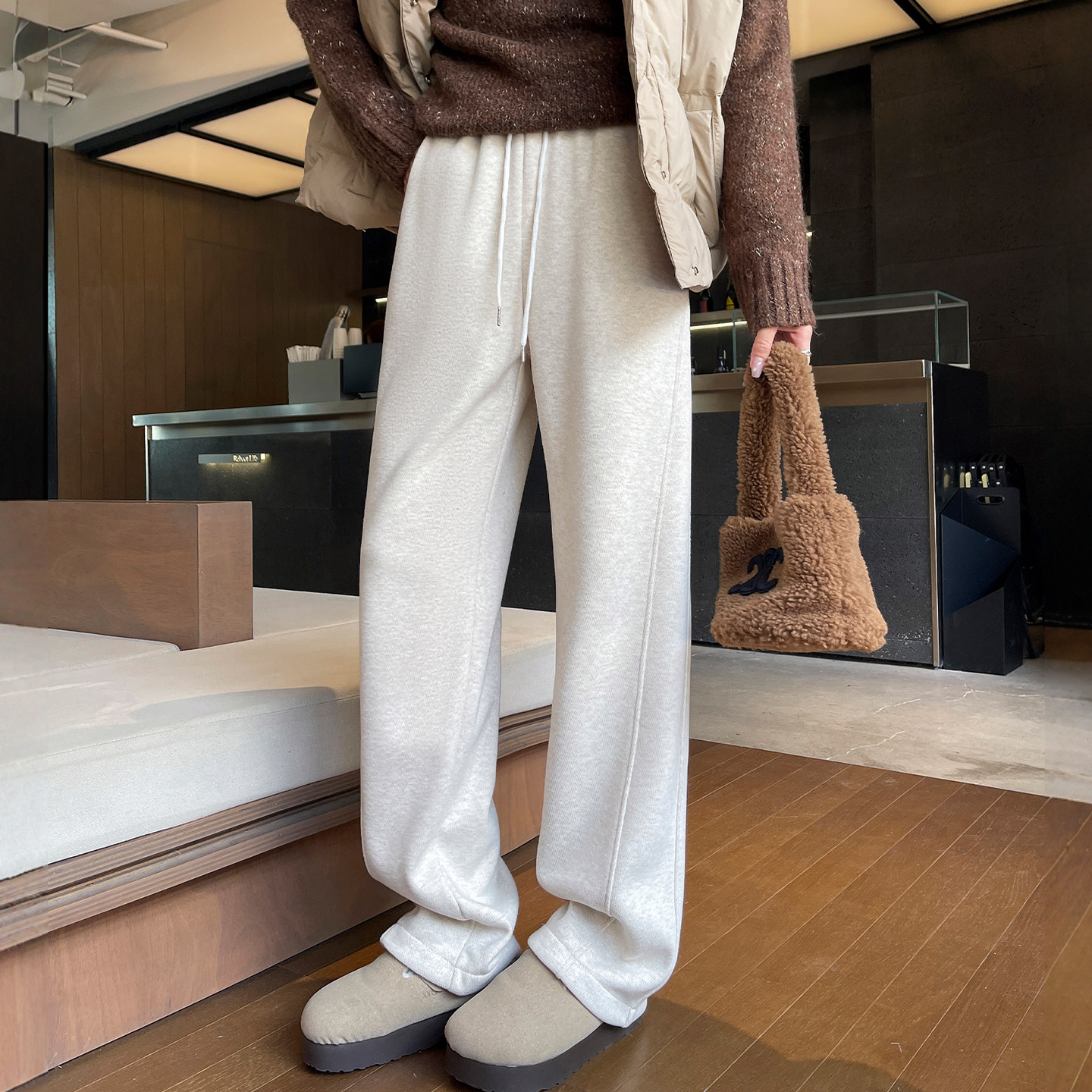 醋酸羊毛呢阔腿裤女秋2025新款高腰窄版直筒休闲糯米冬季加绒裤子,淘宝优惠券,粉丝福利购,淘宝优惠卷