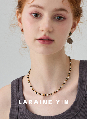 Savi博主同款虎眼石黑玛瑙撞色串珠项链 小众复古百搭锁骨链