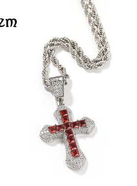 嘻哈蓝色锆石十字架男士毛衣链