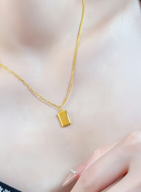 黄金包银小金砖吊坠项链女