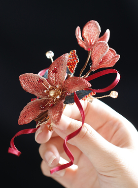 古风红色花朵飘带发夹汉服盘发
