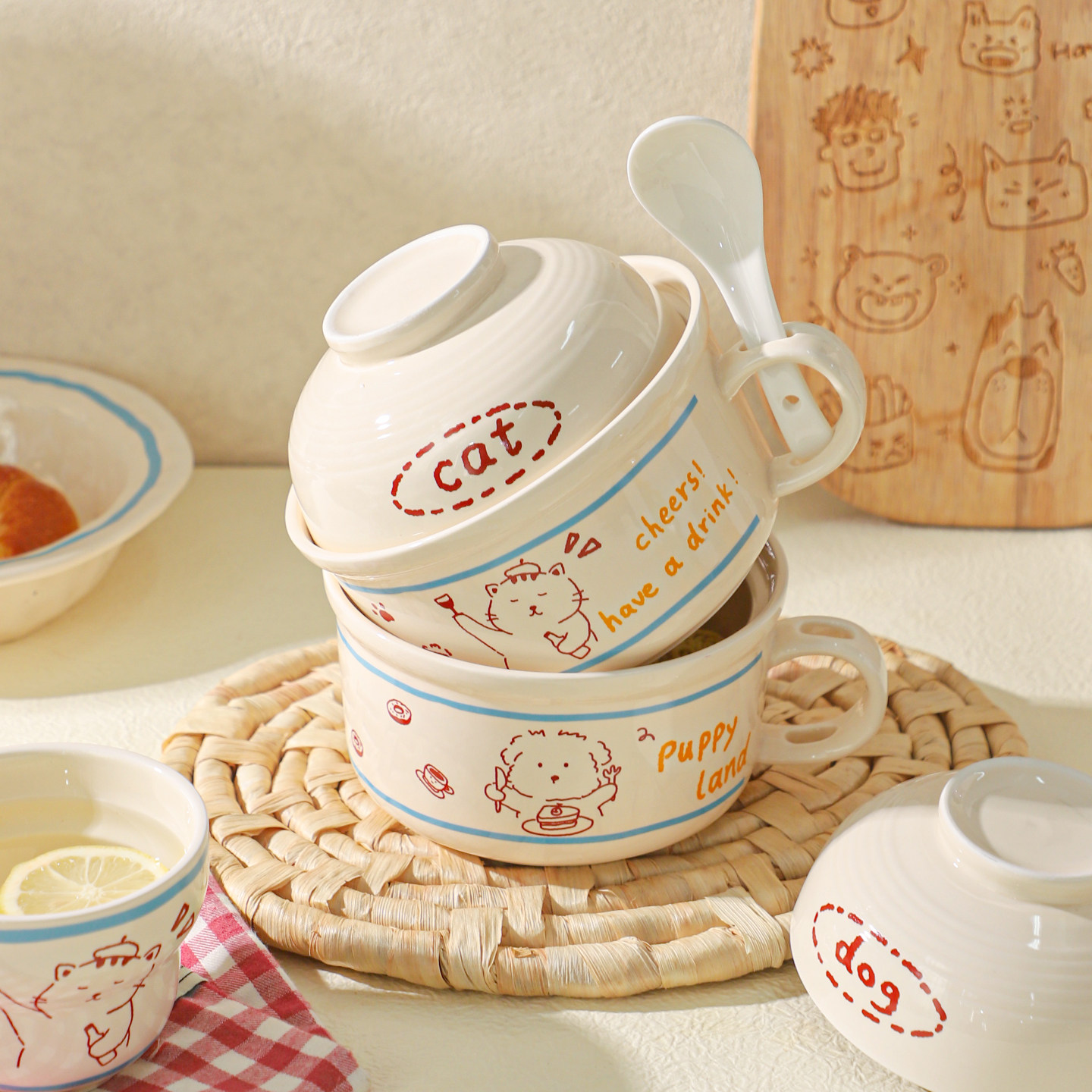 舍里萌趣带盖手柄泡面碗家用可微波炉饭碗学生宿舍面碗食堂打饭碗,淘宝优惠券,粉丝福利购,淘宝优惠卷