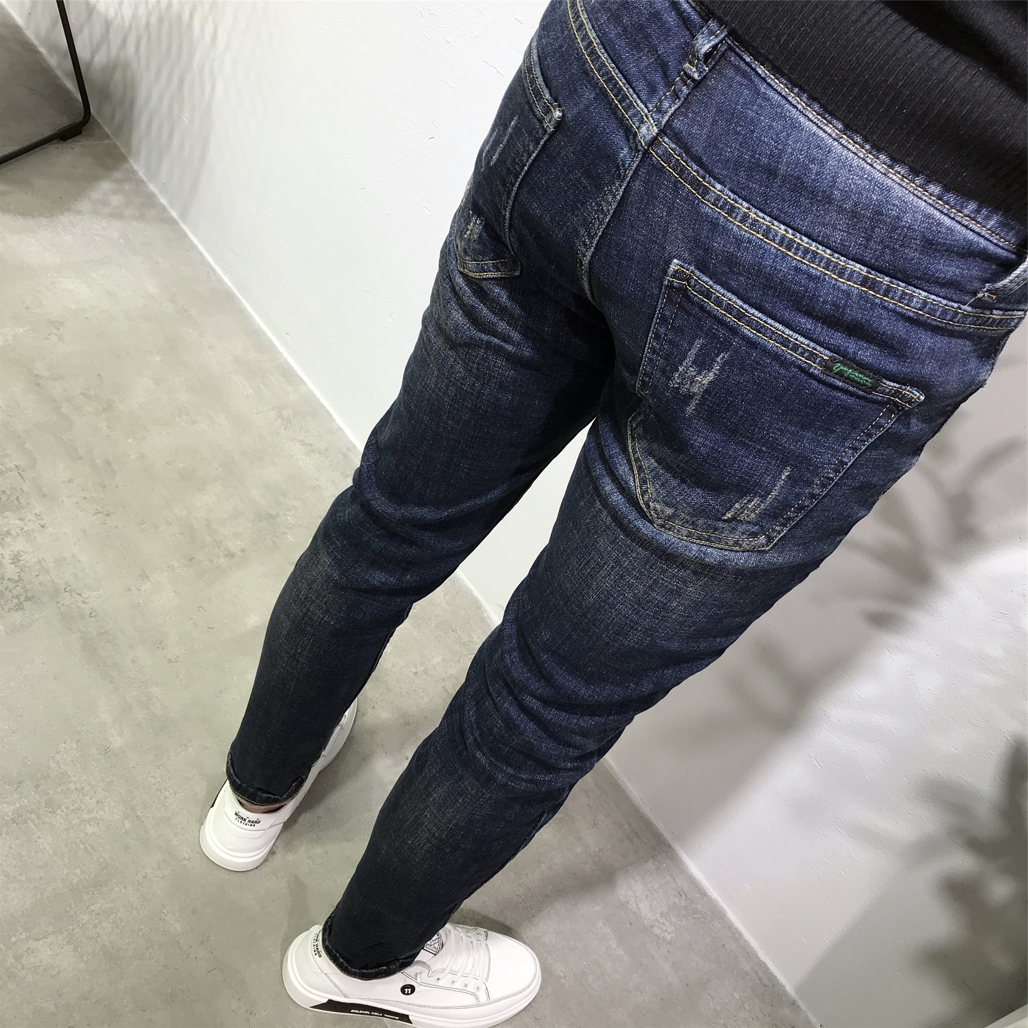 男修身小脚韩版潮流抓痕深蓝牛仔裤 道笙记牛仔裤