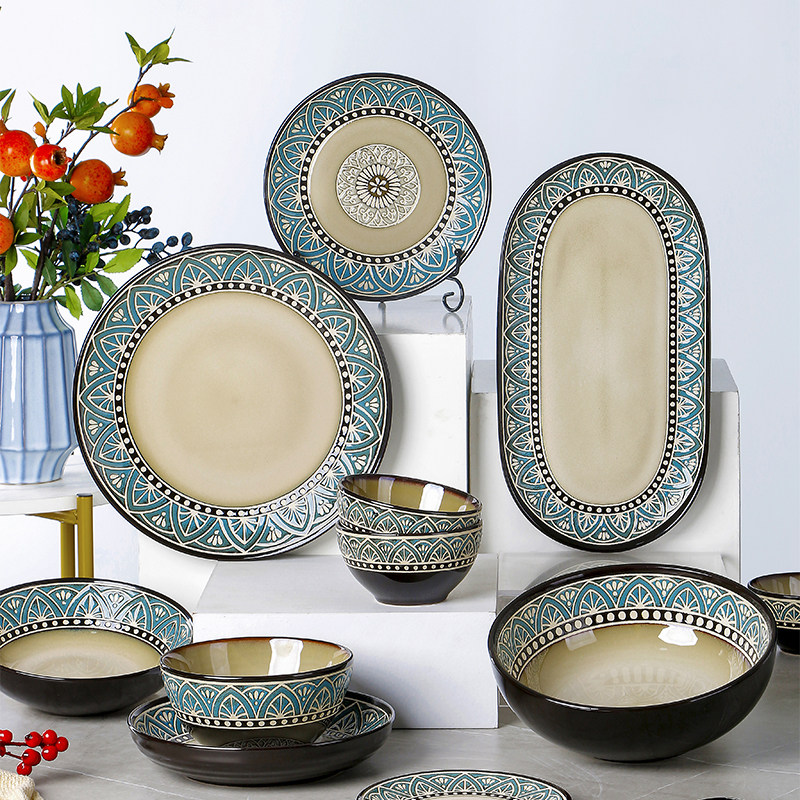 OMK 创意陶瓷盘子深菜盘复古家用碗套装圆形西餐大盘特色餐厅餐盘,淘宝优惠券,粉丝福利购,淘宝优惠卷