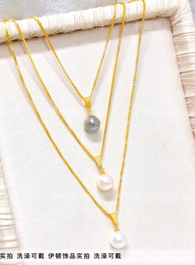 钛钢项链正圆贝珠盒子链锁骨链女