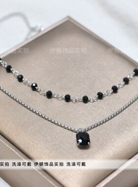 洗澡不用摘钛钢女黑锆石项链双层